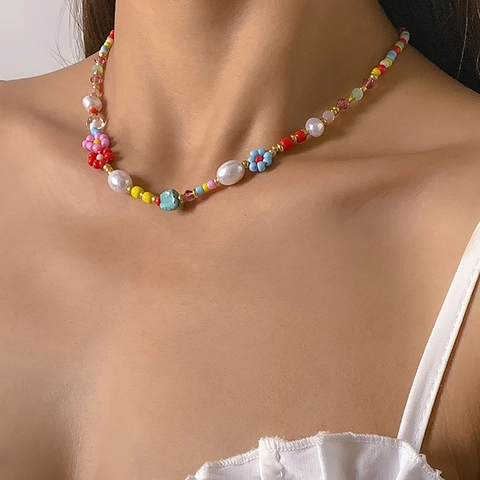 Collar Bohemio De Cuentas Con Perlas Artificiales De Imitación Y Flores De Acrílico Joyería Colorida Hecha A Mano Para Mujer