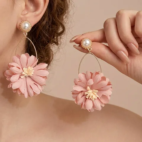 Oversized Flower Drop Earrings Fabric Petal With Faux Artificial Pearl Alloy Jewelry For Women Silver Earring Post Mori Style Elegant