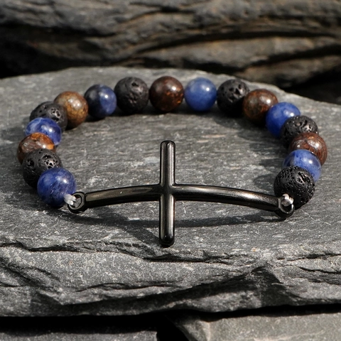 Bracciale Con Perline Croce Pietra Lavica Naturale Occhio Di Tigre Agata Gioielli Religiosi Fatti A Mano Per Uomo Donna