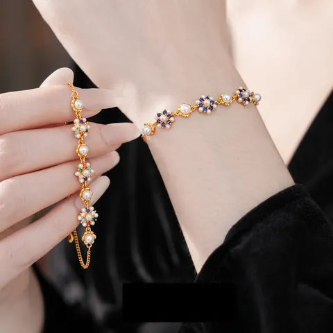 Bracciale A Fiori Vintage In Rame Placcato Oro Con Perla Artificial Imitazione E Zircone Colorato Stile Francese Regolabile