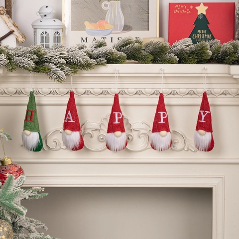 Christmas Gnome Pendant Knitted Fabric Embroidered Alphabet Letter Faceless Doll Hanging Xmas Tree Decoration Ornament