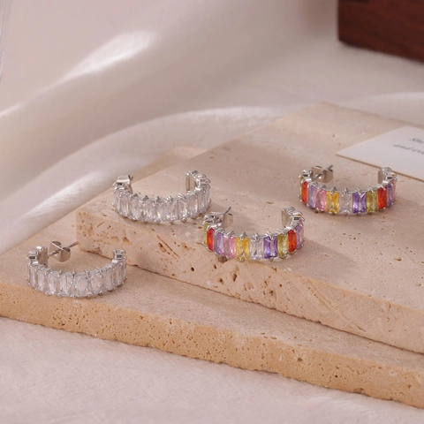 Orecchini a Cerchio C in Acciaio al Titanio Minimalista Zirconia Placcato Oro Argento Taglio Baguette Zirconia Intarsiato Gioielli Donna
