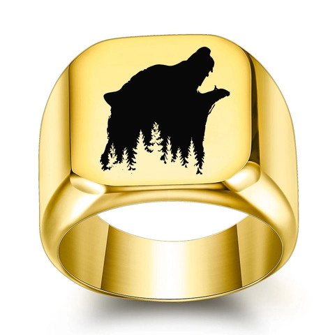 Wolf Head Forest Silhouette Signet Ring 304 Stainless Steel Retro Punk Jewelry For Men