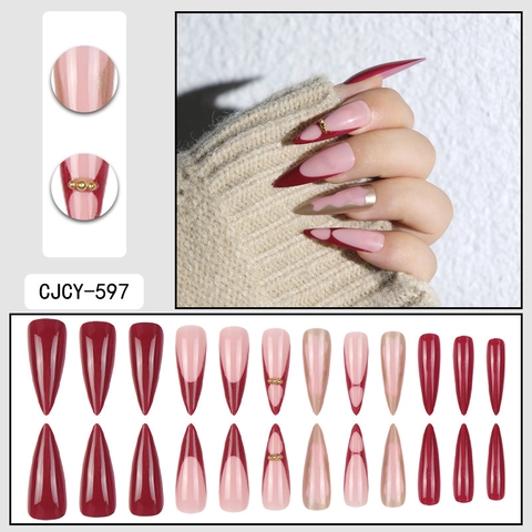 Unghie Finte Lunghe Stiletto Eleganti Stile Francese Rosso Vino Nude Rosa Con Perle Dorate Plastica ABS Per Donne