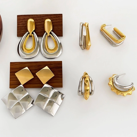 Geometric Stud Earrings For Women Two-Tone Gold Silver Mixed Metal Copper Drop Minimalist Chic Fashion Jewelry