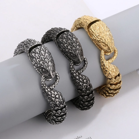 Bracciale Testa Di Serpente Trama Di Squame Realistica Acciaio Inossidabile 316L Punk Retro Heavy Metal Rock Gioielli Uomo