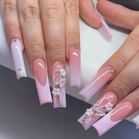 Long Square Press On Nails Pink Ombre Gradient With 3D Flowers Silver Butterfly Rhinestones Glitter Sweet French Style