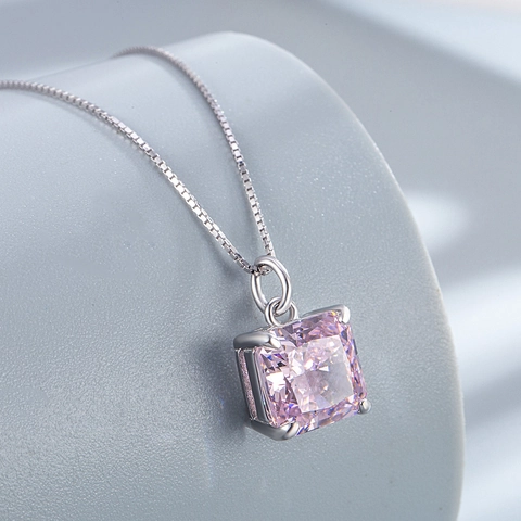 925 Sterlingsilber Prinzess-Schliff Quadratisch Gelb Rosa Blau Zirkonia Anhänger Halskette Für Damen Mode Boxkette Schmuck Geschenk