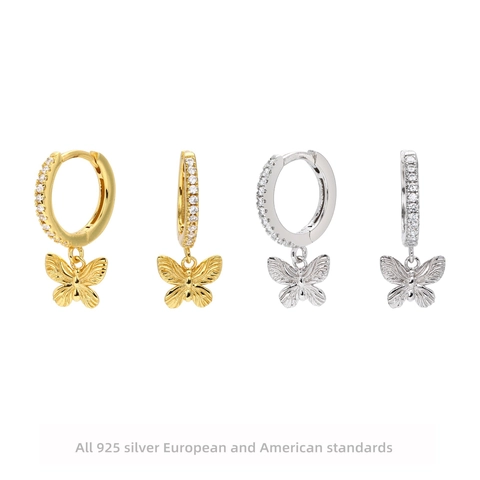 Boucles d'Oreilles Créoles Pendantes Papillon en Argent Sterling 925 pour Femmes Incrustées de Zirconia Dorées Argentées