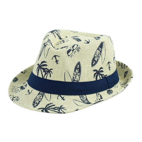 Cappello di Paglia Estivo Fedora Stile Britannico Stampa Surf Protezione Solare Traspirante Cappello Jazz Spiaggia Vacanza per Uomo Donna Bambini