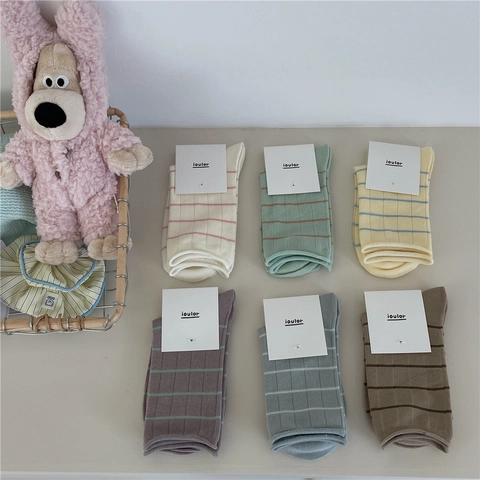 Morandi Kleur Katoen Gestreepte Halfhoge Sokken Voor Dames Japanse Stijl Zacht Ademend Casual Herfst Winter Sokken
