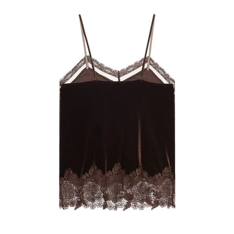Camisola De Terciopelo Sexy Con Cuello En V Para Mujer Con Retazos De Encaje Tirantes Finos Camiseta Sin Mangas Color Café Casual