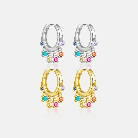 925 Sterling Silver Hoop Earrings With Colorful Round Cubic Zirconia Dangle Charms Rainbow Fashion Jewelry For Women