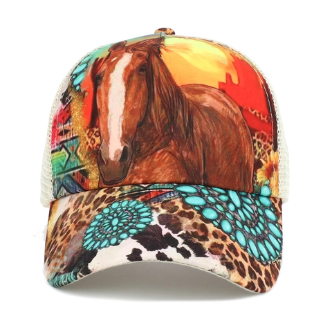 Western Horse Print Trucker Hat Mesh Back Breathable Leopard Pattern Turquoise Accent Adjustable Outdoor Unisex Cap