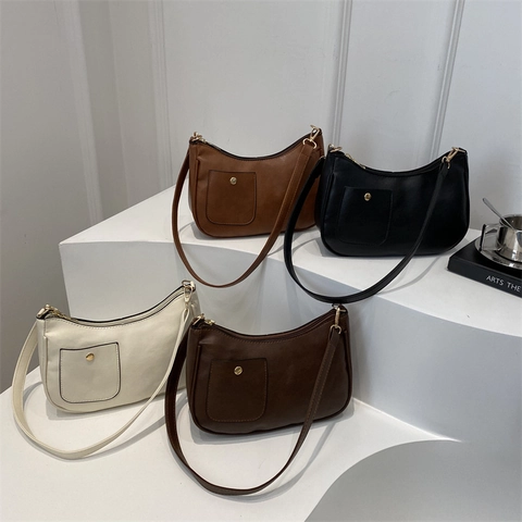 Minimalist PU Leather Underarm Bag For Women Fashion Solid Color Shoulder Bag With Front Pocket Gold Hardware Crescent Bag