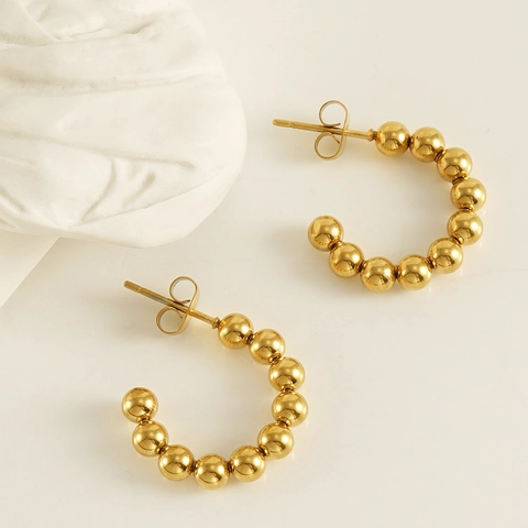 Orecchini A Cerchio Con Perline Placcati Oro 18K Acciaio Inossidabile Forma C Retrò Francese Minimalista Geometrico