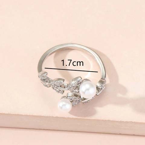 Leaf Open Ring Copper With Double Artificial Pearls Micro Paved Cubic Zirconia Adjustable Elegant Jewelry For Women