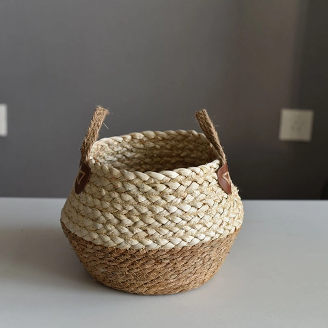 Panier De Rangement Tissé À La Main En Paille De Maïs Cache-Pot Pour Plantes D'Intérieur Avec Poignées Décoration Boho