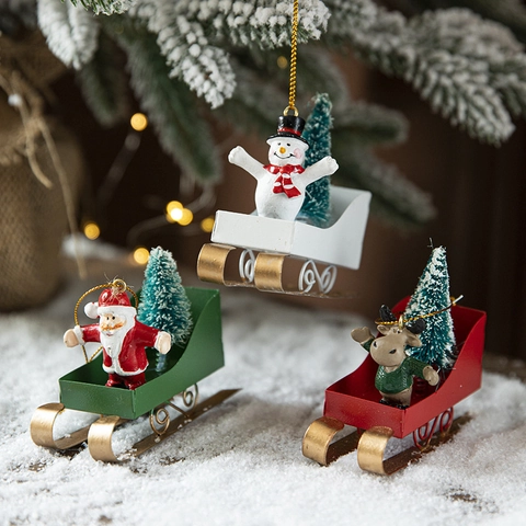Ornamenti Sospesi Slitta Decorazioni Albero Natale Ferro Dipinto Babbo Natale Pupazzo Neve Renna Stile Nordico Decoro