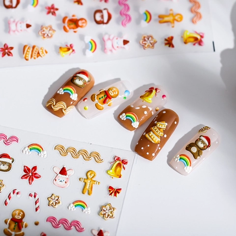 Stickers Ongles 3D Relief Noël Dessin Animé Bonhomme Pain Épice Ours Autocollants Auto-Adhésifs Décoration Manucure Fête