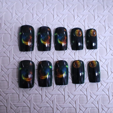 Starry Sky Press On Nails Moon Star Gradient Dark Blue Coffin Shape Artificial False Nails For Women Dreamy Galaxy Style
