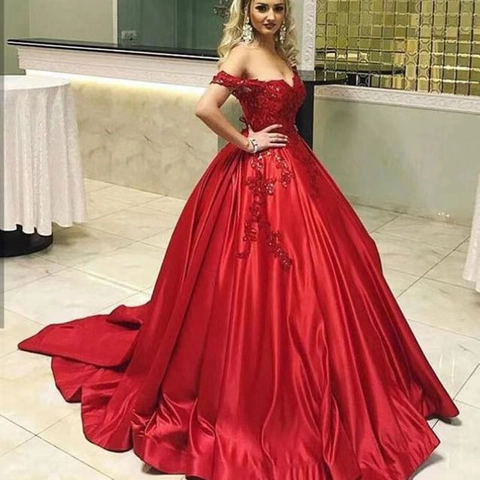 Abito Da Sera Rosso Spalle Scoperte Satén Pizzo Applicazioni Paillettes Matrimonio Ballo Vestito Lungo Strascico Elegante Donna