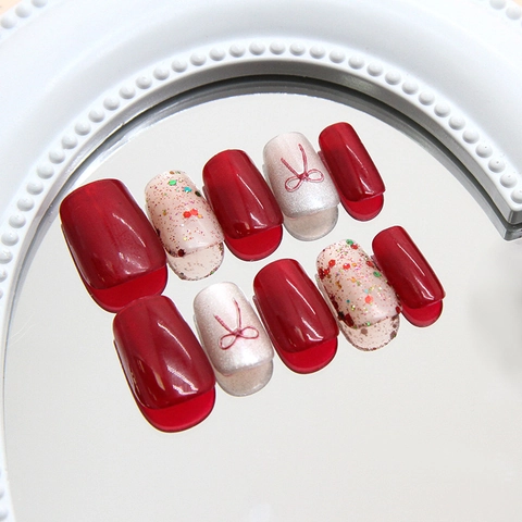 Ongles À Presser En Résine Faits À La Main Avec Nœud 3D Rouge Blanc Œil De Chat Brillant Paillettes Style Français