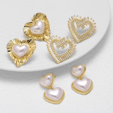 Pendientes De Corazón Cobre Chapado En Oro De 18K Con Perla Artificial De Imitación Circonita Y 14K Gold Earring Post Joyas