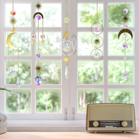 Acchiappasole In Cristallo Ornamento Appeso Metallo Dorato Luna Sole Stella Creatore Di Arcobaleno Per Finestra Casa Giardino