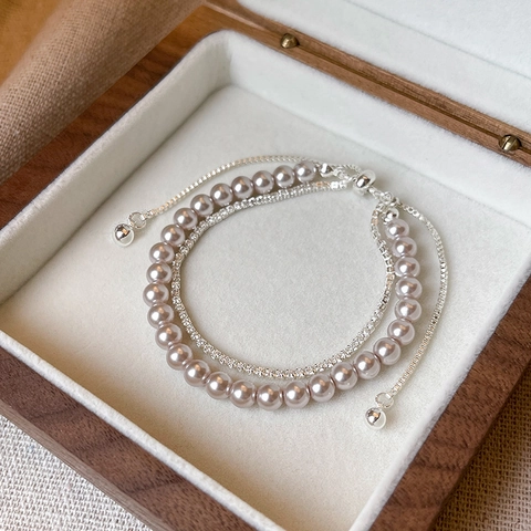 Braccialetto alla Moda con Rosa e Zirconia in Perla Artificiale Elegante a Doppio Strato Regolabile Gioielli da Polso per Donna Festa Quotidiana