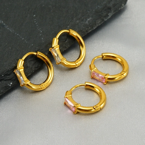 Rectangular Cubic Zirconia Hoop Earrings 18K Gold Plated Stainless Steel Emerald Cut Retro Trendy Elegant For Women