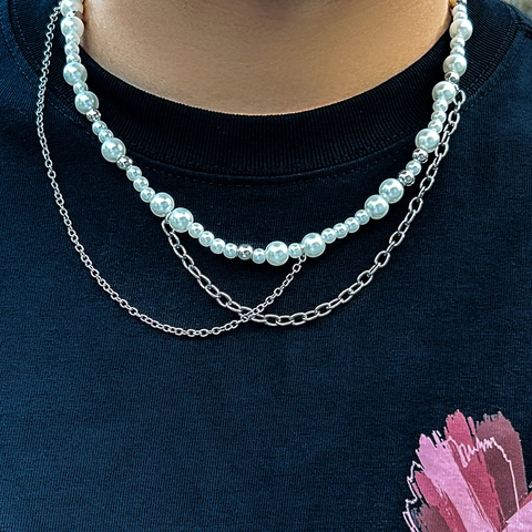 Multi-Layer Artificial Pearl Necklace For Men With Silver Iron Chain And CCB Beads Hip Hop Tassel Style Fashion Jewelry