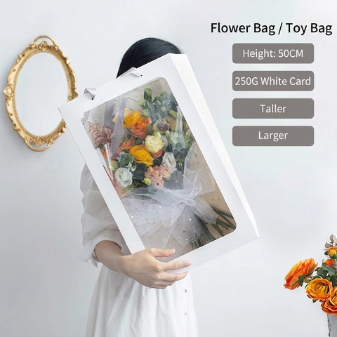 Portable Flower Packaging Bags With Transparent PVC Window Cardstock Gift Wrap Handheld Tote For Bouquets Toys Elegant