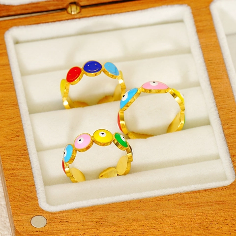 Ρυθμιζόμενο Δαχτυλίδι Evil Eye Smiley Face 18Κ Επιχρυσωμένο Ανοξείδωτο Ατσάλι Πολύχρωμο Σμάλτο Boho Κοσμήματα