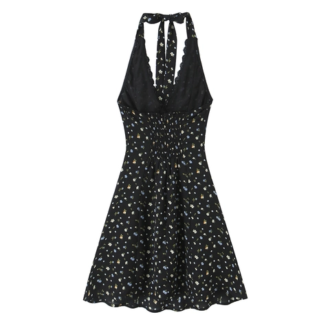 Robe Dos Nu À Imprimé Fleuri Pour Femme Col En V Bordure En Dentelle Dos Nu Taille Haute Mini Robe Été Sexy Polyester