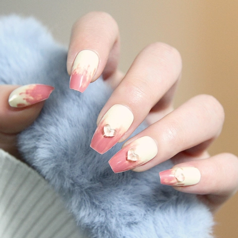 Pink White Gradient Ballerina Press On Nails With Heart Rhinestones Reusable Artificial Fake Nail Tips