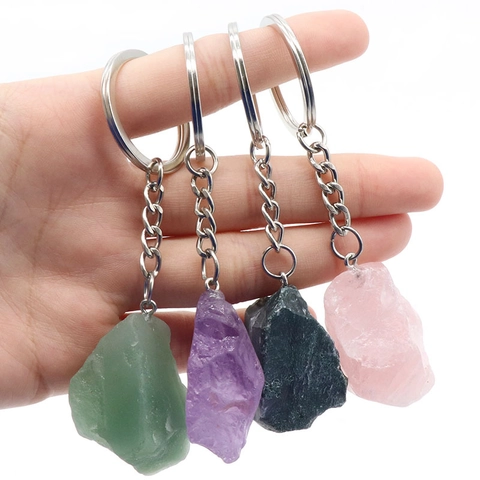 Natural Stone Keychain Raw Ore Crystal Mineral Pendant Handmade Irregular Quartz Amethyst Tiger Eye Jewelry Accessory