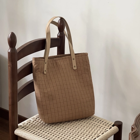 Borsa Tote Vintage A Quadri In Cotone Tela Spessa Strutturata Borsa A Spalla Retro Letteraria Borsa Per Laptop Donna