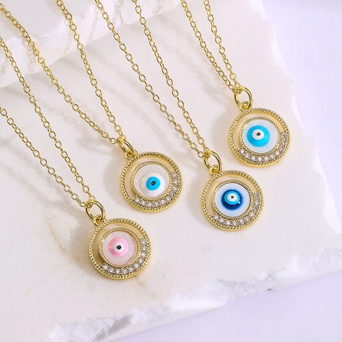 Evil Eye Anhänger Halskette Vergoldetes Kupfer Zirkonia Rund Türkischer Nazar Emaille Charm Modeschmuck Für Damen
