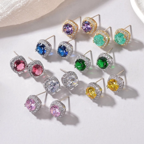 Boucles D'oreilles Halo Avec Zirconium Coupe Ronde Cuivre Plaqué Et Silver Earring Post Bijoux De Mode Pour Femmes Élégant