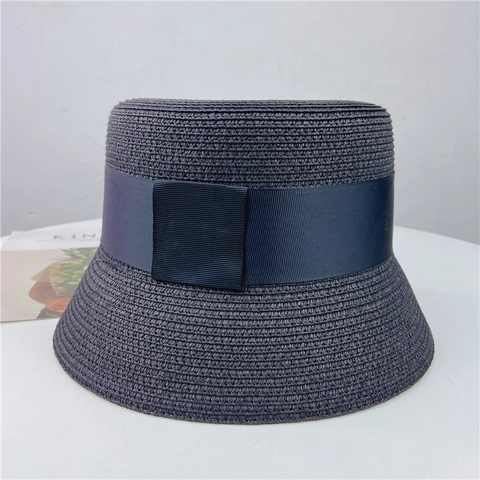 Women Woven Straw Bucket Hat With Grosgrain Ribbon Bow Flat Top Sun Protection Beach Vacation Style