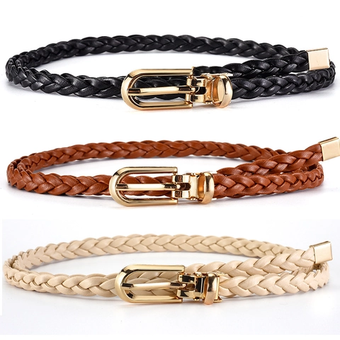 Women Fashion Woven Belt Skinny PU Leather Braided Waist Strap Candy Color Casual Versatile Knot Decorative Alloy Buckle