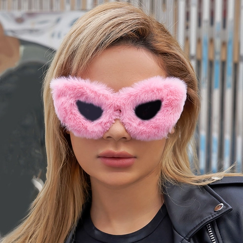 Katzenaugen Sonnenbrille Damen Mit Plüschbesatz PC Rahmen UV400 Schutz Y2K Party Mode Brille