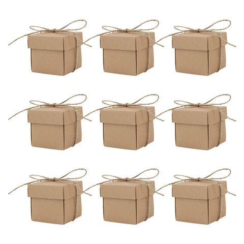 Square Kraft Paper Candy Boxes With Ribbon Hemp Rope For Wedding Party Favor Gift Packaging Simple Pink Brown