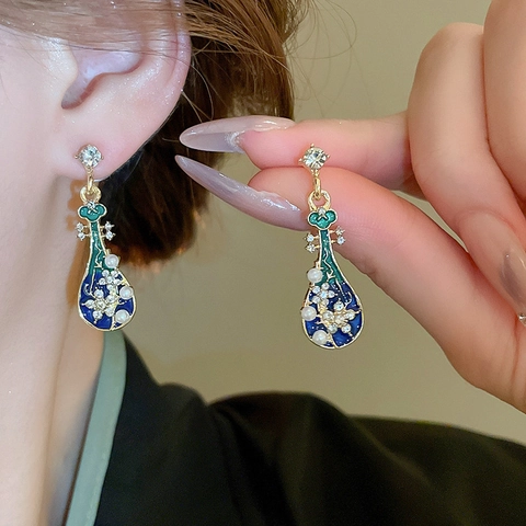 Pendientes Pipa Esmalte Floral Estilo Chino Vintage Joyería Con Poste De Plata Aleación Rhinestone Perla Artificial Para Mujer