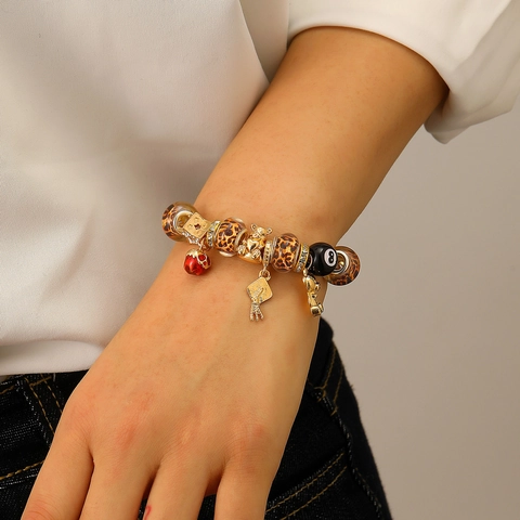 Vintage Leopard Print Charm Bracelet For Women Alloy Gold Plated Bear Star Heart Graduation Cap Pendant Fashion Jewelry