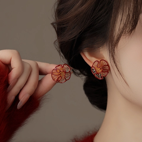 Flower Stud Earrings With Silver Earring Post Copper Gold Plated Red Enamel Hollow Vintage Elegant Jewelry For Women