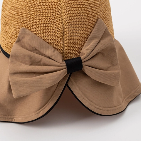Cappello Da Sole Da Donna Tesa Larga Protezione UV Traspirante Corona In Maglia Tessuto Patchwork Elegante Grande Fiocco Estate Spiaggia Vacanza