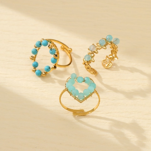 Heart Star Adjustable Rings Stainless Steel Natural Stone Beaded Bohemian Handmade Vintage Jewelry For Women