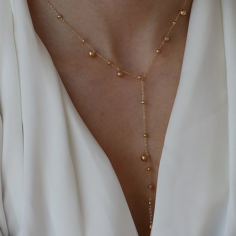 Y-Förmige Lariat Halskette Titanstahl 18K Vergoldet Polierte Perlen Langer Tropfen Minimalistisch Schick Für Damen